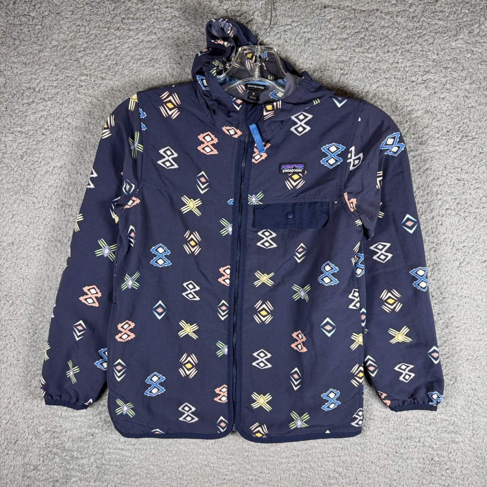Patagonia Baggies Jacket Lightweight Hooded Windbreaker Navy Ikat M Outdoors